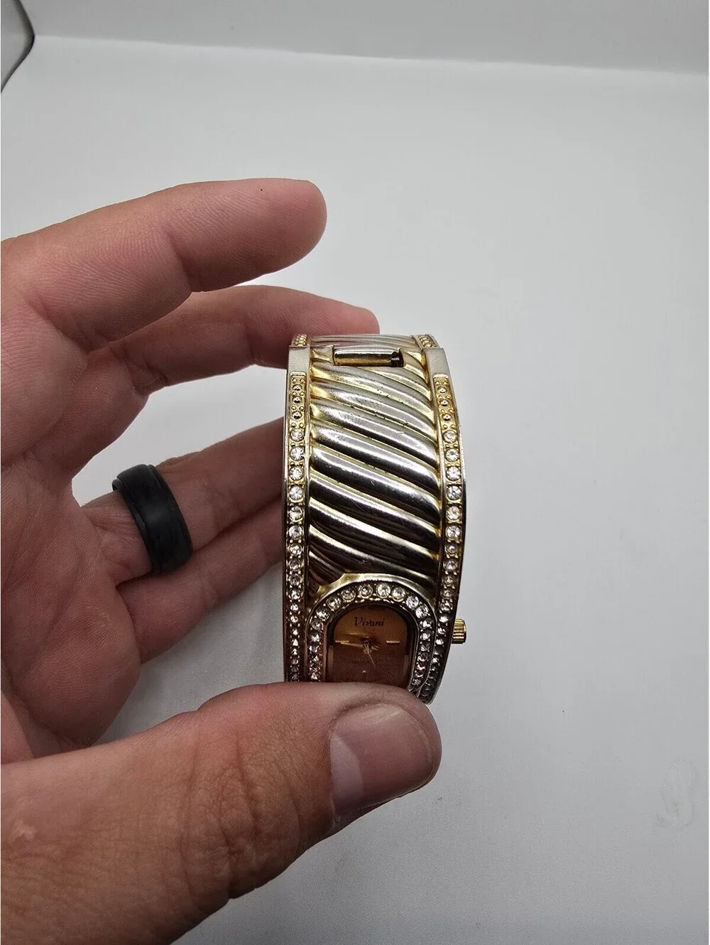 Vivani Women’s Quartz Analog Rectangle Cuff Bracelet Watch Gold Tone Rhinestone